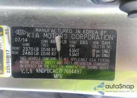 2015 Kia Sportage Lx из США, поврежденный, VIN KNDPBCAC7F7684497